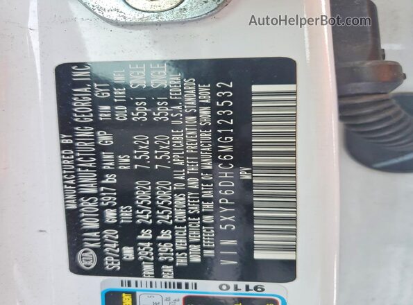 5XYP6DHC6MG123532 2021 KIA TELLURIDE Белый Вид наклейки с VIN-кодом