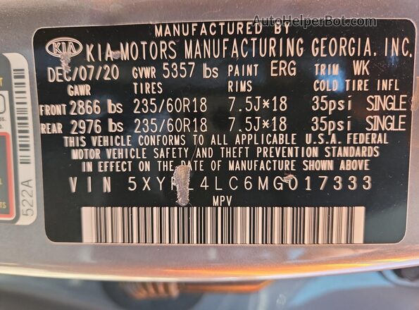 5XYRL4LC6MG017333 2021 KIA SORENTO Gray VIN sticker view