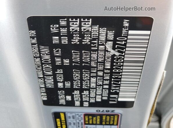 5XYZT3LB2GG322740 2016 HYUNDAI SANTA Серебряный Вид наклейки с VIN-кодом