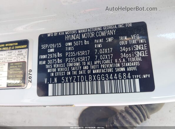 5XYZTDLBXGG344684 2016 HYUNDAI SANTA FE SPORT White Вид підкапотного простору