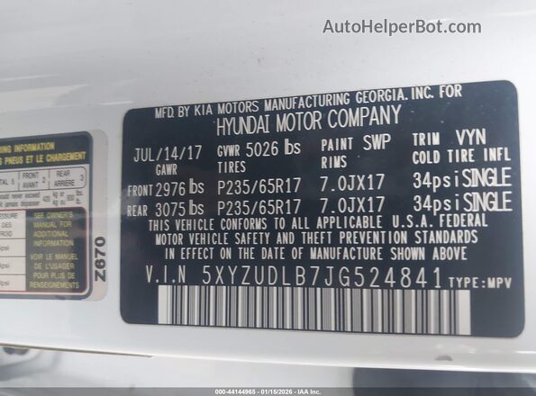 5XYZUDLB7JG524841 2018 HYUNDAI SANTA FE SPORT Белый Вид подкапотного пространства