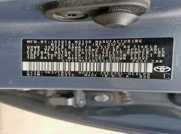 5YFEPMAE8NP330517 2022 TOYOTA LL Blue VIN կոդի պիտակի տեսք