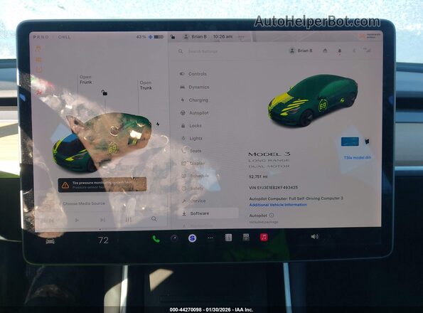 5YJ3E1EB2KF493425 2019 TESLA MODEL 3 White Հետևի նստատեղերի տեսք