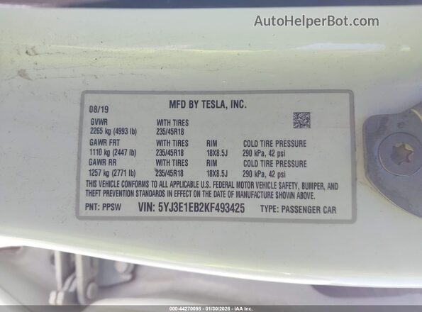 5YJ3E1EB2KF493425 2019 TESLA MODEL 3 White Շարժիչի բաժամունքի տեսք