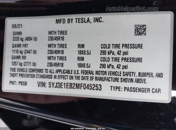 5YJ3E1EB2MF045253 2021 TESLA MODEL 3 Черный Вид подкапотного пространства