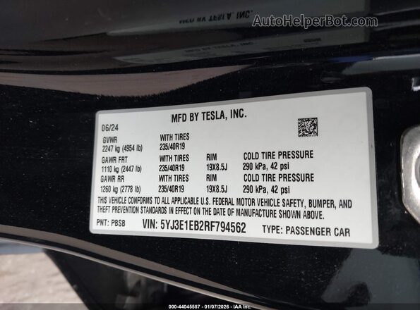 5YJ3E1EB2RF794562 2024 TESLA MODEL 3 Black Շարժիչի բաժամունքի տեսք