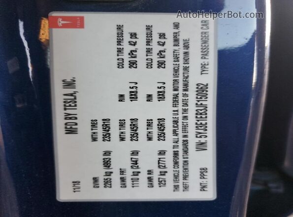 5YJ3E1EB3JF150962 2018 TESLA MODEL Синий Вид наклейки с VIN-кодом