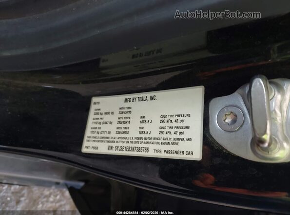 5YJ3E1EB3KF385766 2019 TESLA MODEL 3 Черный Вид подкапотного пространства