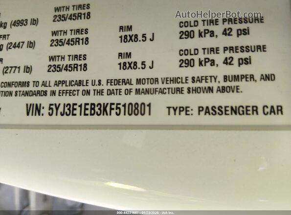 5YJ3E1EB3KF510801 2019 TESLA MODEL 3 White Widok komory silnika