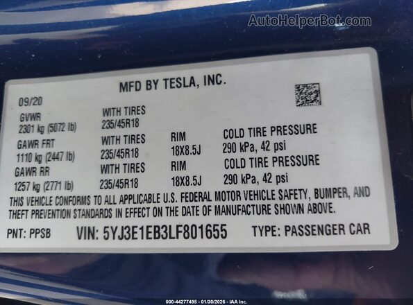 5YJ3E1EB3LF801655 2020 TESLA MODEL 3 Dark Blue Вид подкапотного пространства