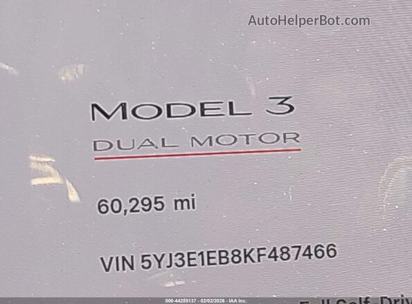 5YJ3E1EB8KF487466 2019 TESLA MODEL 3 Белый Вид задних сидений