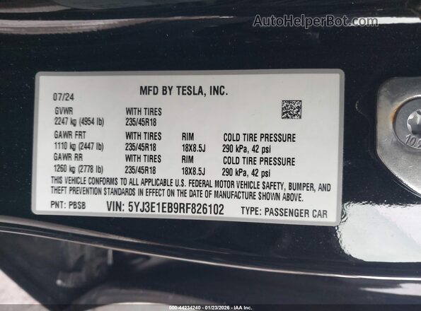 5YJ3E1EB9RF826102 2024 TESLA MODEL 3 Black Շարժիչի բաժամունքի տեսք