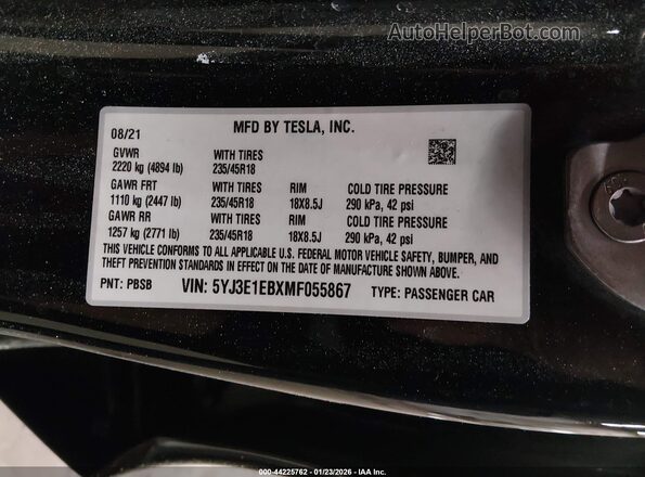5YJ3E1EBXMF055867 2021 TESLA MODEL 3 Черный Вид подкапотного пространства