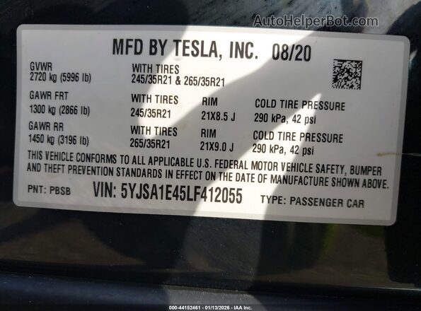 5YJSA1E45LF412055 2020 TESLA MODEL S Black Widok komory silnika