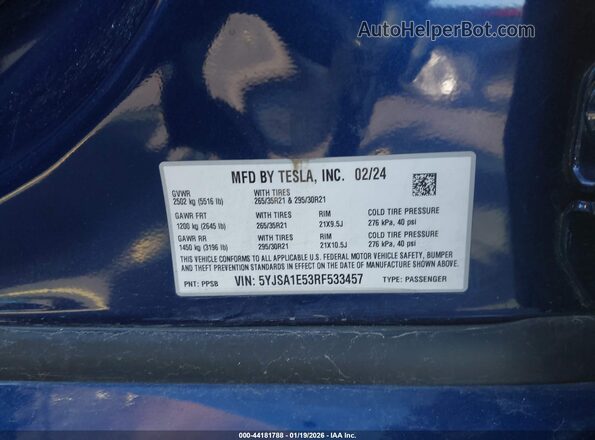 5YJSA1E53RF533457 2024 TESLA MODEL S Blue Widok komory silnika