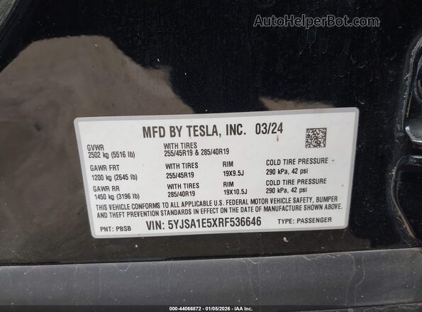5YJSA1E5XRF536646 2024 TESLA MODEL S Черный Вид подкапотного пространства