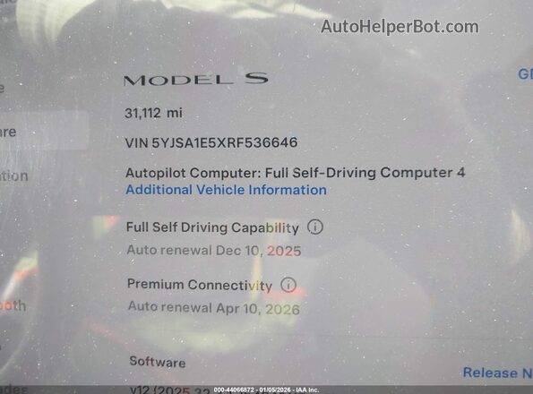 5YJSA1E5XRF536646 2024 TESLA MODEL S Черный Панорамный вид салона 360°