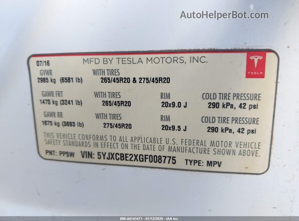 5YJXCBE2XGF008775 2016 TESLA MODEL X Белый Вид подкапотного пространства