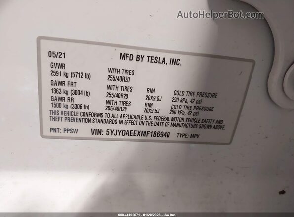 5YJYGAEEXMF186940 2021 TESLA MODEL Y White Вид підкапотного простору