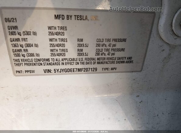 5YJYGDEE7MF207129 2021 TESLA MODEL Y White Вид підкапотного простору