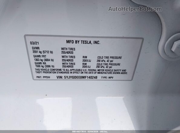 5YJYGDEE8MF140248 2021 TESLA MODEL Y White Вид підкапотного простору