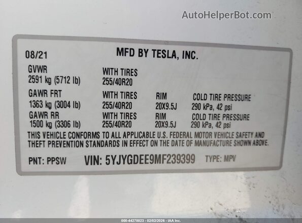 5YJYGDEE9MF239399 2021 TESLA MODEL Y White Engine compartment view