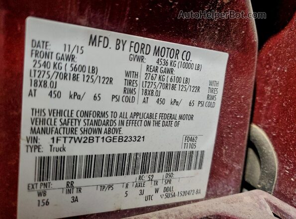 1FT7W2BT1GEB23321 2016 FORD F250 Красный Панорамный вид салона 360°