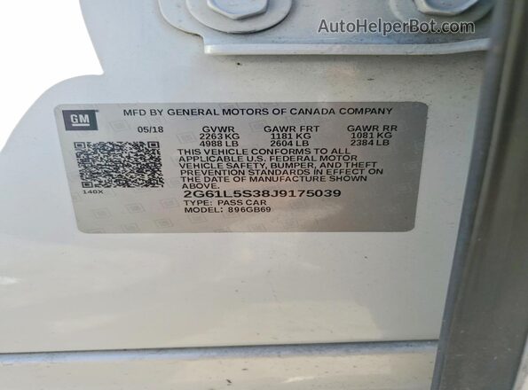 2G61L5S38J9175039 2018 CADILLAC XTS White Vista de la etiqueta del VIN