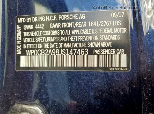 WP0CB2A98JS147463 2018 PORSCHE 911 Blue Widok naklejki z numerem VIN