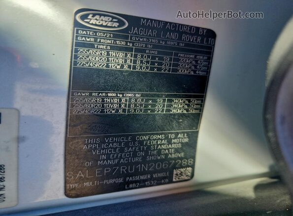 SALEP7RU1N2067288 2022 LAND ROVER DEFENDER White Vista de la etiqueta del VIN