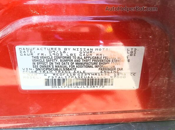 3N1CP5CU6JL538472 2018 NISSAN KICKS Red VIN կոդի պիտակի տեսք