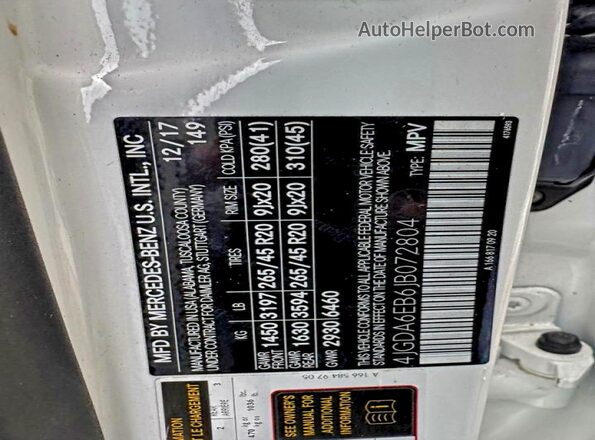 4JGDA6EB6JB072804 2018 MERCEDES-BENZ GLE White Vista interior de 360 grados