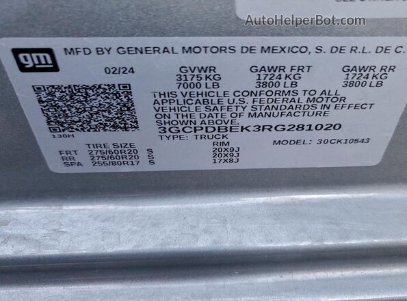 3GCPDBEK3RG281020 2024 CHEVROLET ALL MODELS Gray Widok naklejki z numerem VIN