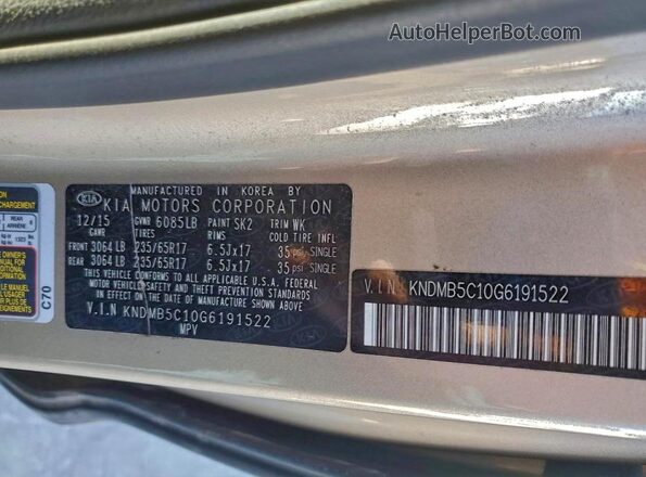 KNDMB5C10G6191522 2016 KIA SEDONA Желто-коричневый Панорамный вид салона 360°