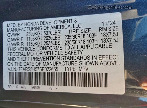 7FARS5H57SE022665 2025 HONDA CR-V Blue Vista de la etiqueta del VIN
