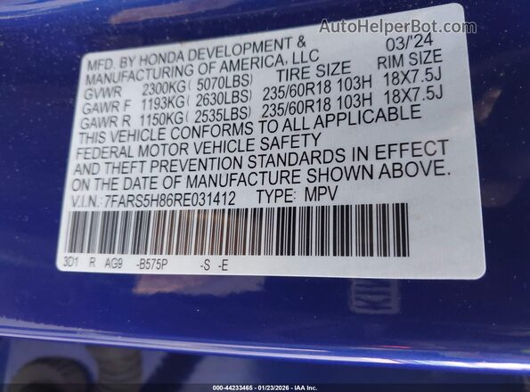 7FARS5H86RE031412 2024 HONDA CR-V HYBRID Blue Vista del compartimento del motor