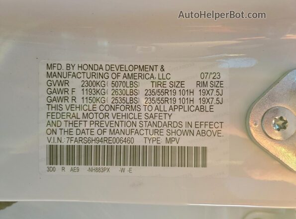 7FARS6H94RE006460 2024 HONDA CR-V Белый Панорамный вид салона 360°