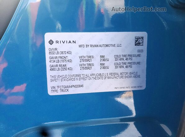 7FCTGAAA4PN020846 2023 RIVIAN R1T Blue ძრავის განყოფილების ხედი