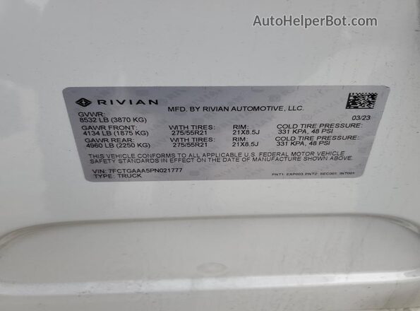 7FCTGAAA5PN021777 2023 RIVIAN R1T Белый Вид наклейки с VIN-кодом