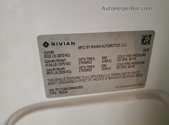 7FCTGAAL0NN002830 2022 RIVIAN R1T Белый Вид подкапотного пространства
