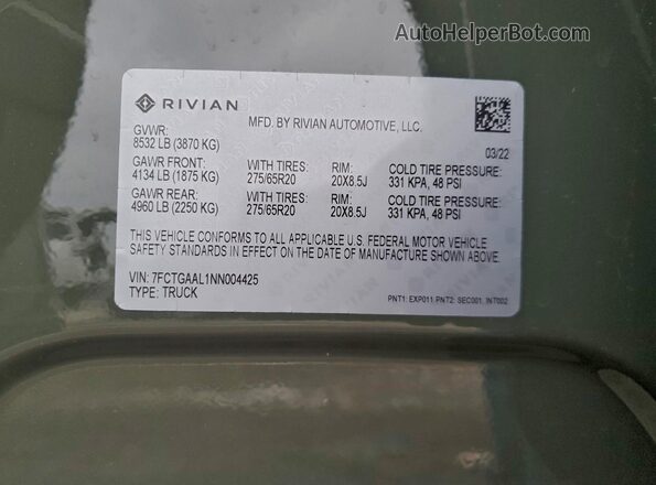 7FCTGAAL1NN004425 2022 RIVIAN R1T Green Սալոնի 360 աստիճան տեսք