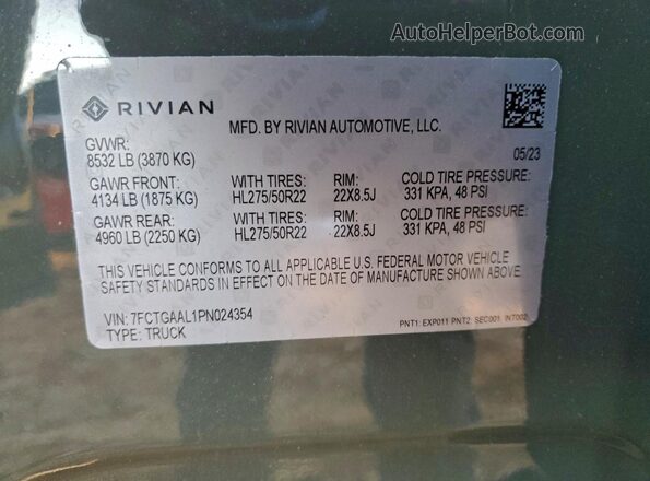 7FCTGAAL1PN024354 2023 RIVIAN R1T Зеленый Вид наклейки с VIN-кодом