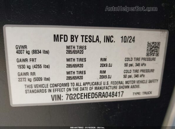 7G2CEHED5RA048417 2024 TESLA CYBERTRUCK Silver Вид підкапотного простору