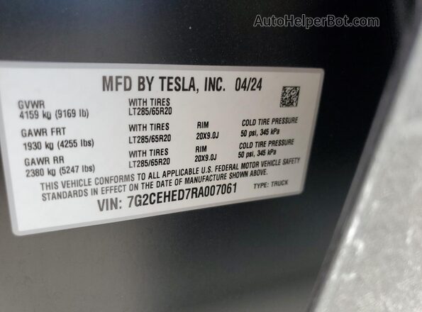 7G2CEHED7RA007061 2024 TESLA CYBERTRUCK Серый Вид наклейки с VIN-кодом
