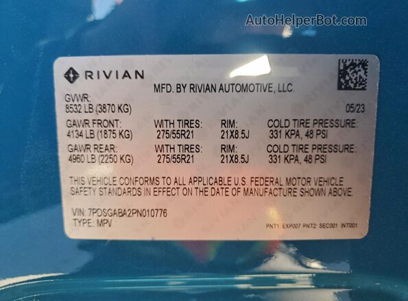 7PDSGABA2PN010776 2023 RIVIAN R1S Blue Widok wnętrza 360 stopni