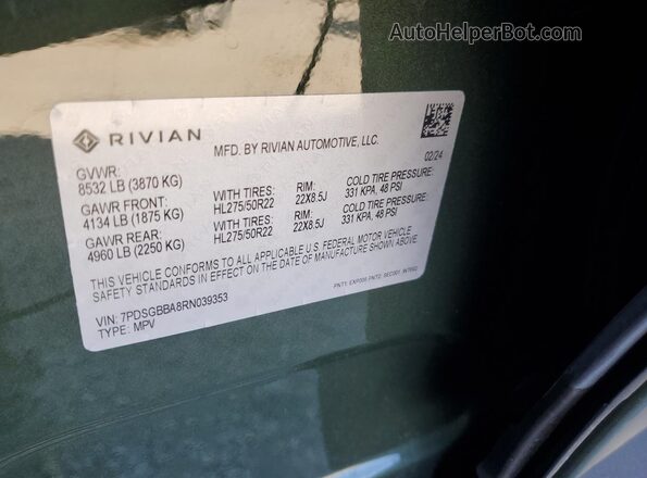7PDSGBBA8RN039353 2024 RIVIAN R1S Зеленый Вид наклейки с VIN-кодом