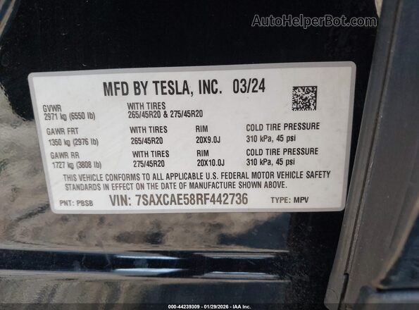 7SAXCAE58RF442736 2024 TESLA MODEL X Black Widok komory silnika