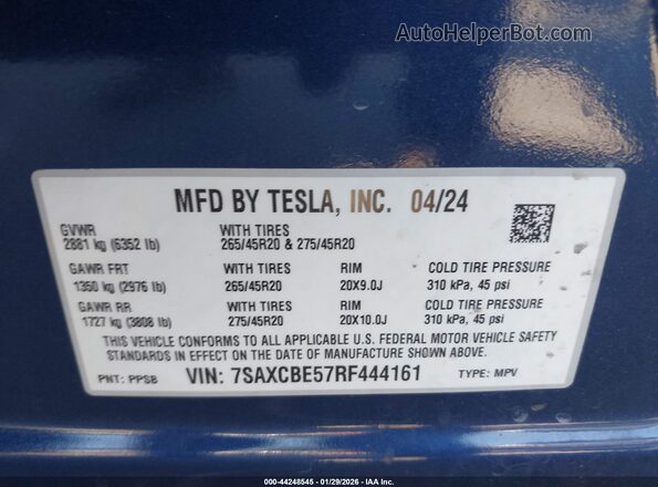 7SAXCBE57RF444161 2024 TESLA MODEL X Blue Вид підкапотного простору