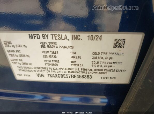 7SAXCBE57RF458853 2024 TESLA MODEL X Blue Widok komory silnika