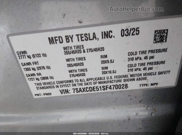 7SAXCDE51SF470028 2025 TESLA MODEL X Gray Widok komory silnika